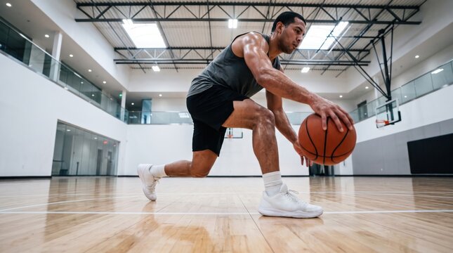 Athletic man dribbling basketball on indoor court. Sports player training for competition. Fitness exercise and healthy lifestyle activity. Active person practicing game skills in gym.