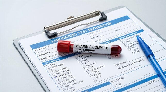 Laboratory test requisition form with a blood sample labeled Vitamin B Complex and a blue pen on a clipboard, indicating medical testing procedures and documentation