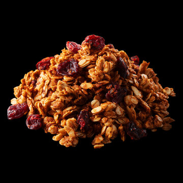 Crunchy granola with oats and dried berries isolated on black background with clipping path, concept of healthy nutrition concept