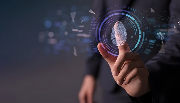 Biometric fingerprint scanner on digital hud interface. Cyber security access control and identity authentication. Hand touching glowing fingerprint icon