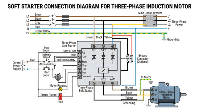 Electrical circuit diagram with industrial motor and control system
