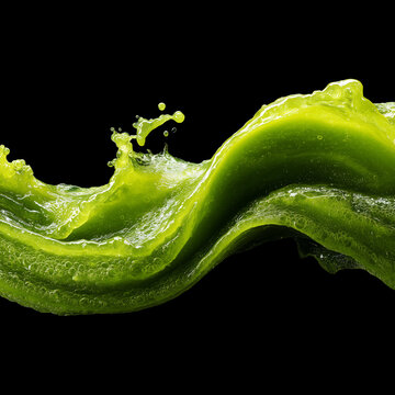 Green detox juice wave isolated on black background with clipping path, concept of healthy cleanse and fitness nutrition