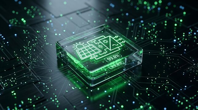 Solar energy efficiency concept displayed on a futuristic glass microchip circuit board