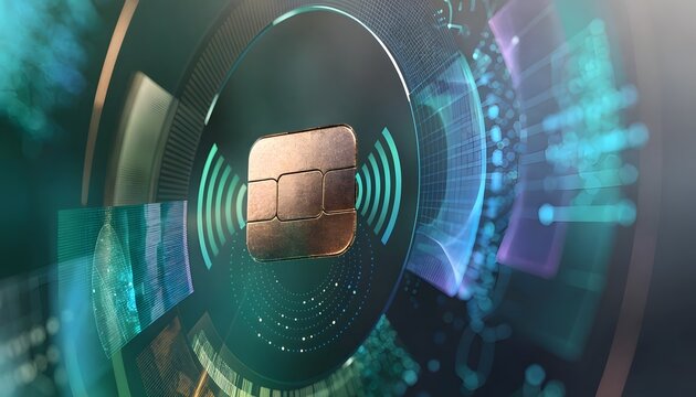 Smart card security chip emitting wireless radio signal waves. Contactless NFC payment technology and secure transaction. Metallic credit card chip with HUD display interface
