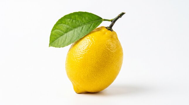 Fresh yellow lemon with green leaf, whole citrus fruit on white background, organic lemon for cooking and health