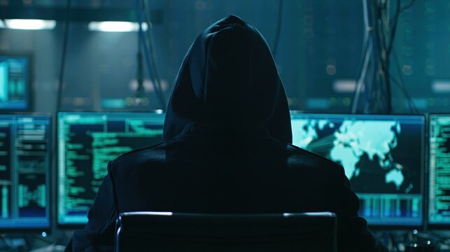 Silhouette of hooded person sitting in front of several glowing computer monitors displaying code and world map in dark office.