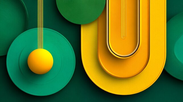 Abstract 3D geometric composition with green and yellow circles and hanging spheres decor