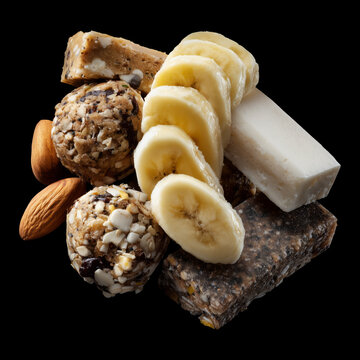 Mixed snack bars, banana slices, nuts isolated on dark background with clipping path, concept of freshness and healthy food