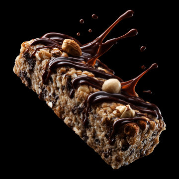 Chocolate coated nut protein energy fitness bar topped with almonds, cashews, walnuts, and chocolate drizzle on black
