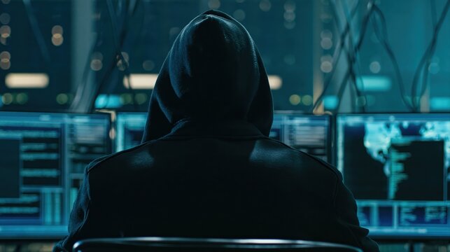 Hacker in a hoodie working on cyber security code at a dark desk with computer data