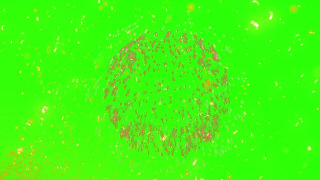 Sphere composed of thousands of tiny golden particles rotates in the center of a bright green screen to represent a digital interface element or a conceptual model for high-end motion design work.