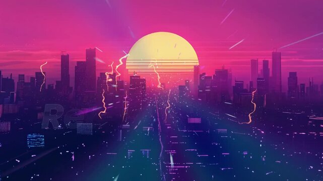 Cityscape displays a futuristic neon metropolis under a large glowing sun with stylized lightning flashes in a retro synthwave aesthetic.