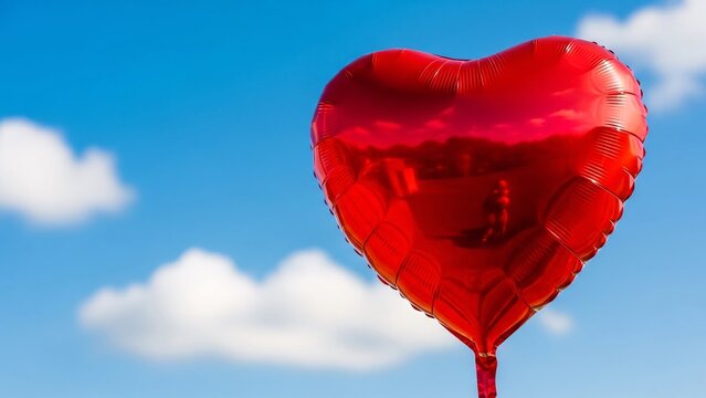 Bright red heart shaped balloon floating in a clear blue sky with white clouds perfect for love romance celebration and happiness themes in stock images