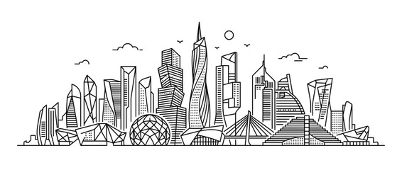 Naklejka premium Modern Cityscape Line Art Illustration with Unique Architecture