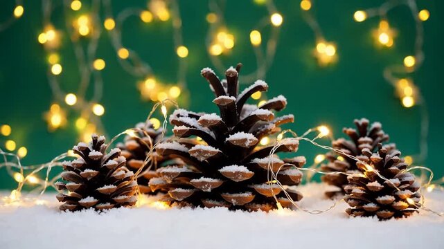 Snow-dusted pinecones arranged on white snow with warm fairy lights against green backdrop