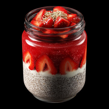 Fresh strawberry chia pudding in glass jar topped with mint leaves, isolated on black transparent background with clipping path