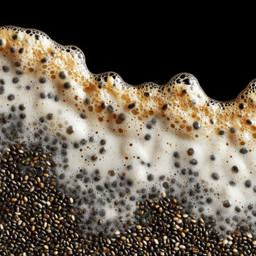 Macro view of chia seeds floating in frothy liquid, macro style, on black background, concept of wellness and nutrition