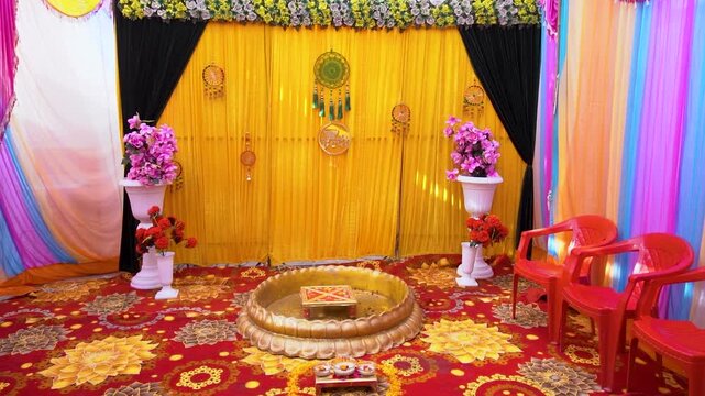 Traditional Indian Wedding Stage Decoration with Floral Accents