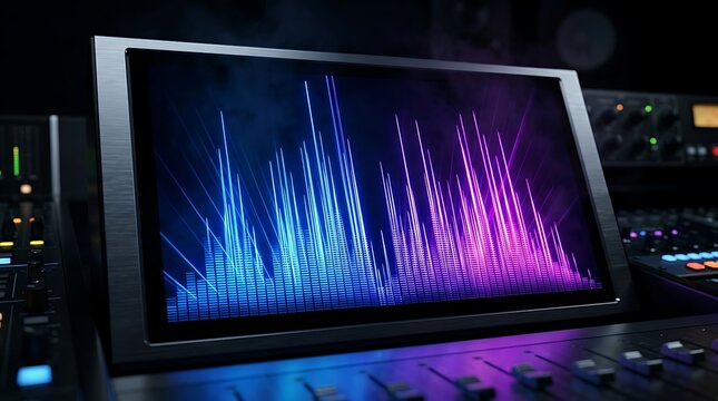 Digital audio waveform visualizer displaying blue and purple sound frequencies on a studio monitor screen