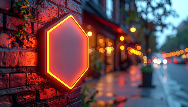ダイナーやクラフトビール店のブランディングを格上げする、赤レンガ壁に温かなオレンジ光が広がる六角形看板のモックアップ