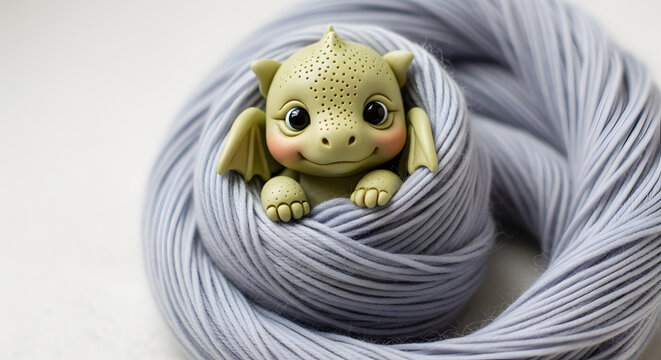 Cute baby dragon figurine peeking from soft yarn.
