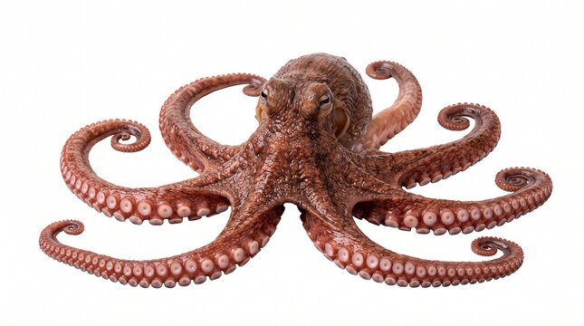 Fresh raw octopus on white background, whole brown common octopus with tentacles, seafood ingredient for culinary cooking