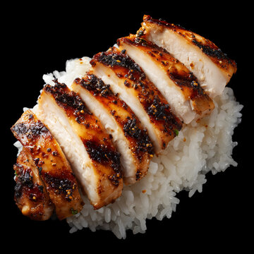 Grilled chicken slices on cooked rice isolated on black background with clipping path, showing concept of tasty meal food
