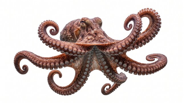 Giant octopus with curled tentacles on white background, brown marine cephalopod with suckers, realistic sea creature for marine biology