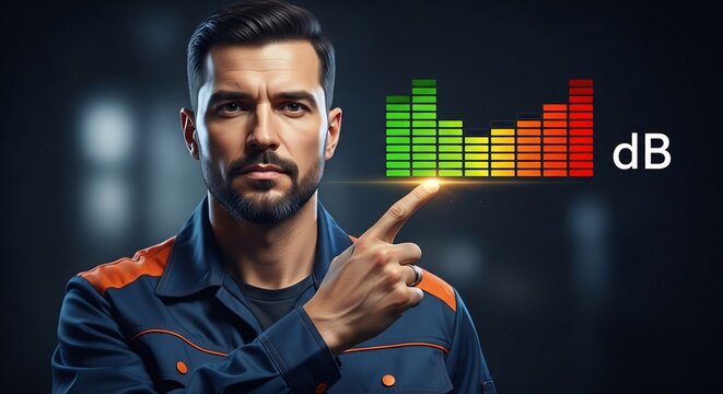 Professional man in dark jacket pointing at colorful digital equalizer display on futuristic background for technology and sound analysis concept