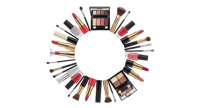 Cosmetic makeup products arranged in a circle frame for beauty design isolated on transparent background