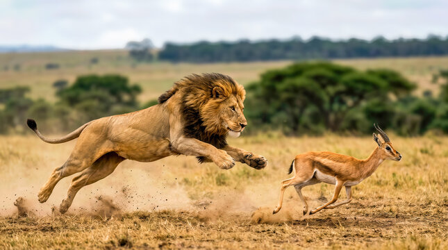 Lion chasing a gazelle across the savannah, dust rising from the ground, with trees and grassland visible in the background under a cloudy sky