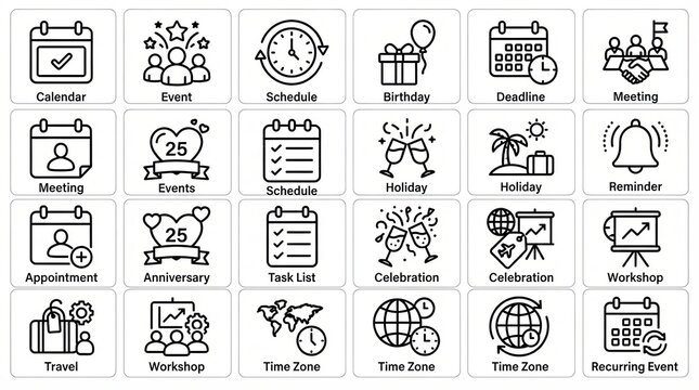 Set of black line icons for business schedule planning and event dates