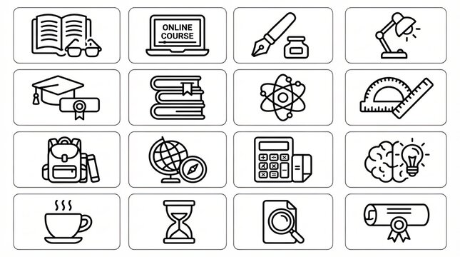 Set of simple black line education and school icons for design projects