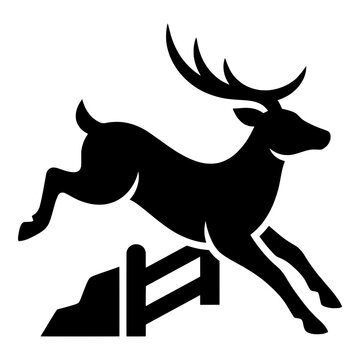 Deer jumping fence vector silhouette icon isolated on white background.