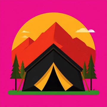 Flat vector illustration of a camping tent in the mountains at sunset.