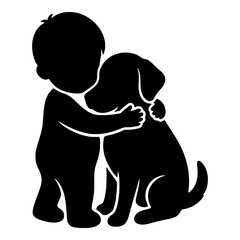 Boy hugging a dog silhouette for pet love and companionship concepts.