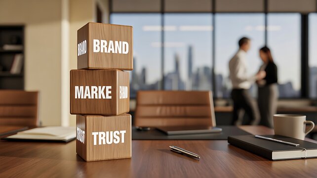  Brand marketing and customer trust concept with stacked wooden blocks in modern office