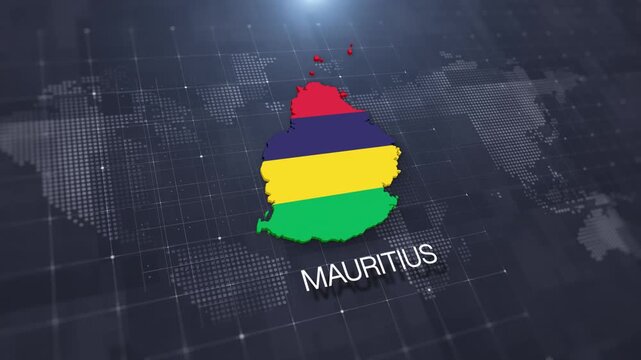 Mauritius map with national flag on digital world map background, geographic border, global political and international news concept