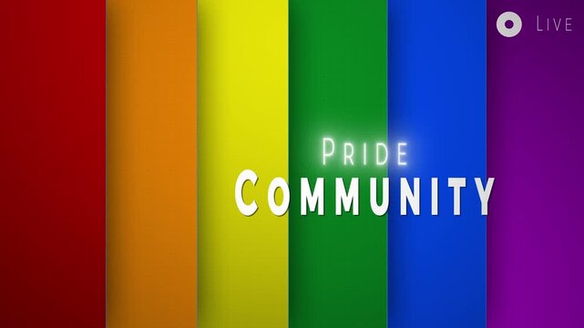Pride Community Broadcast Graphic with Glowing Text and Rainbow Striped Background
