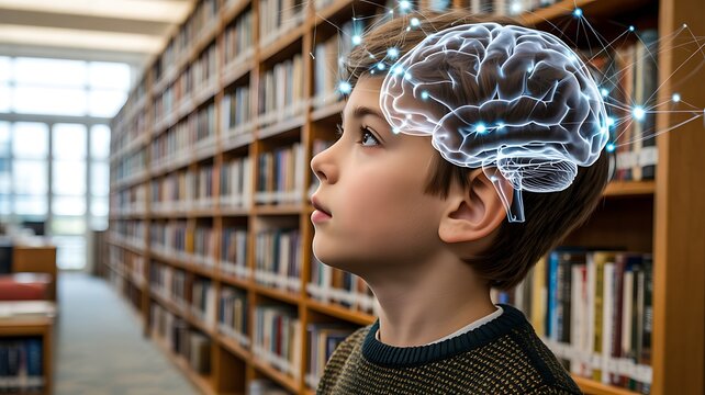 Child learning in library with digital brain concept representing education and intelligence
