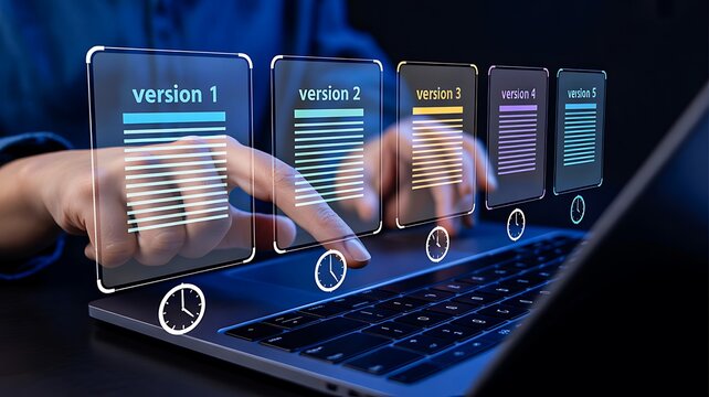 Digital version control concept showing software updates and document comparison on laptop