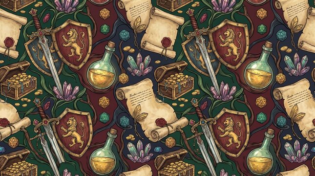 Medieval Fantasy Adventure Pattern Featuring Ancient Gold Coins In Wooden Chests Alongside Ornate Knight Shields With Lion Emblems Plus Magical Potion Flasks And Rolled Parchment Scrolls With