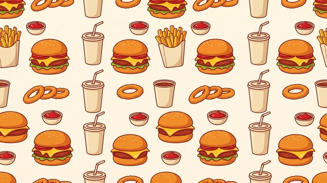 Fast food pattern featuring delicious cheeseburgers french fries onion rings and refreshing beverages served in cups for hungry customers seeking tasty snacks during casual dining lunch breaks