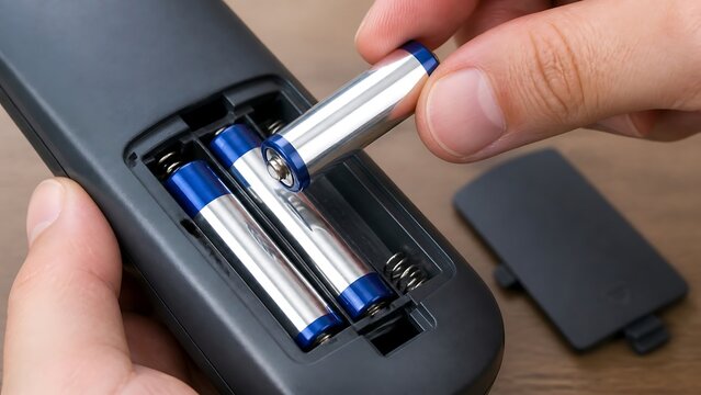 Close up of person installing new batteries into electronic device remote control for daily use