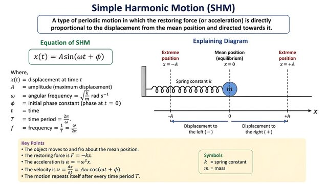 Simple harmonic motion SHM physics educational diagram formula definition equation spring mass system