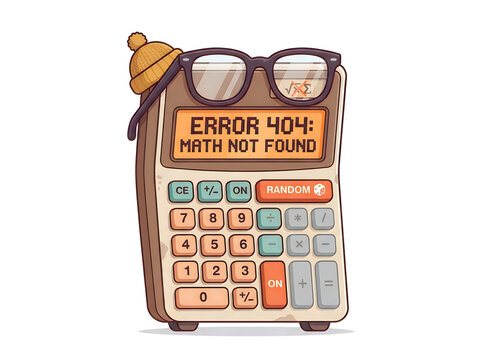 Funny calculator with glasses showing error 404 math not found illustration