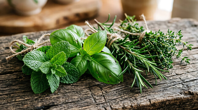 Fresh culinary herbs tied with twine on rustic wooden background rosemary culinary seasoning aromatic ingredient