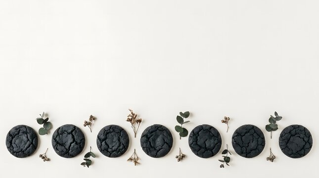 A festive flat lay design featuring dark decorative elements on a white background for a happy halloween day celebration