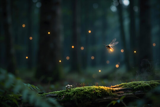 A glowing firefly hovering above a mossy log in a dark forest at night with soft bokeh lights in the background, and small forest mushrooms