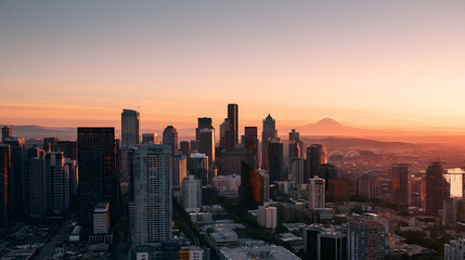 Fototapeta premium Soft Sunrise Over Seattle Skyline Showcasing Urban Landscape and Natural Beauty in Morning Light